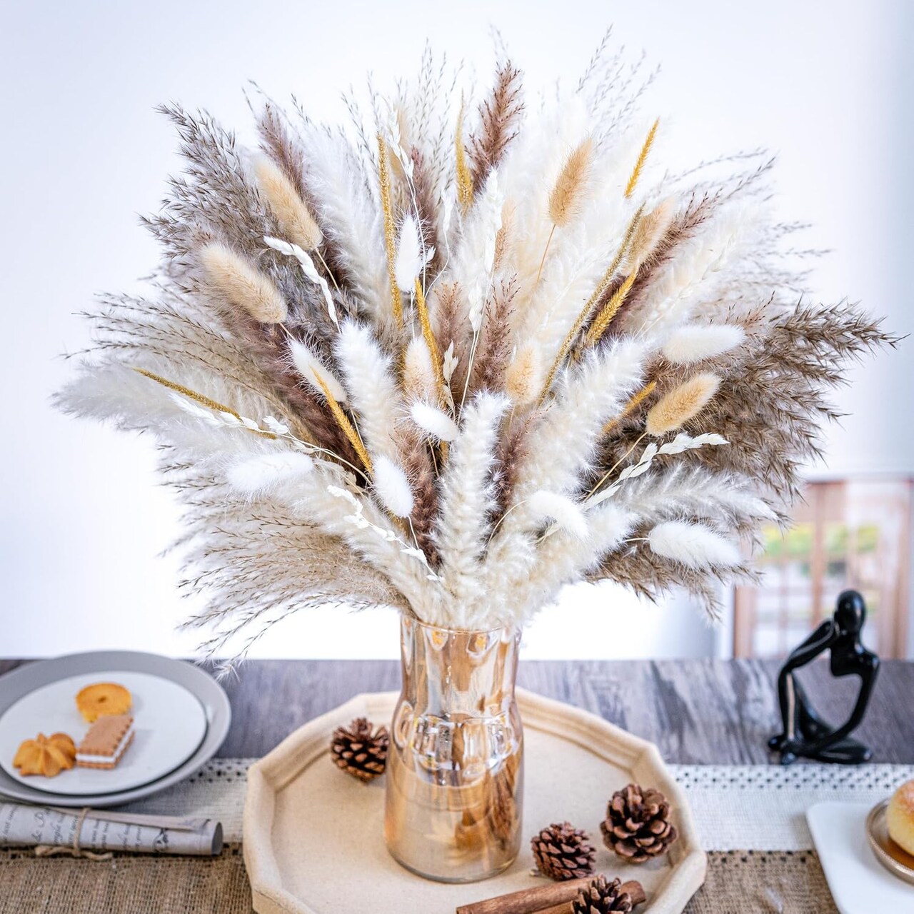 120PCS Natural Pampas Grass Decor Bouquet | Boho Dried Floral Arrangement Centerpiece Table Decor Wedding Decor Rustic Decor